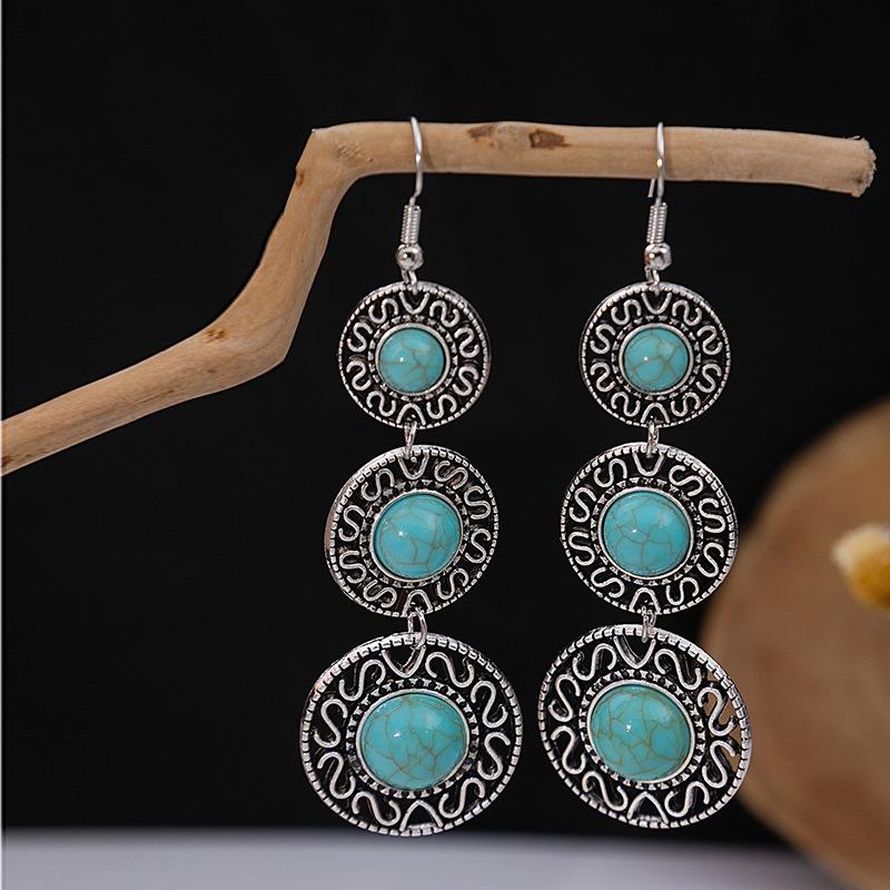 European and American Retro Ethnic Style Turquoise Earrings, Hollow Ring Flower Fringed Earrings, Owl Water Drop Earrings