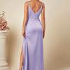 Women's Spaghetti Strap Satin Slit Dress Ruched V Neck Sleeveless