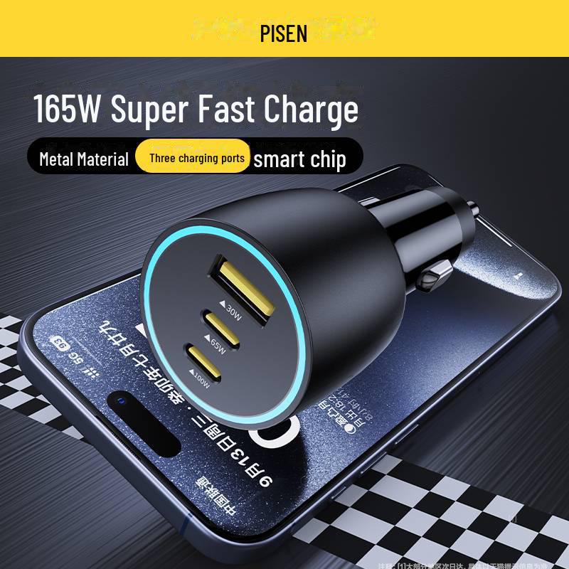 PISEN Super Fast Charging Car Charger with Retractable Cable - Compatible with Apple and Huawei Devices