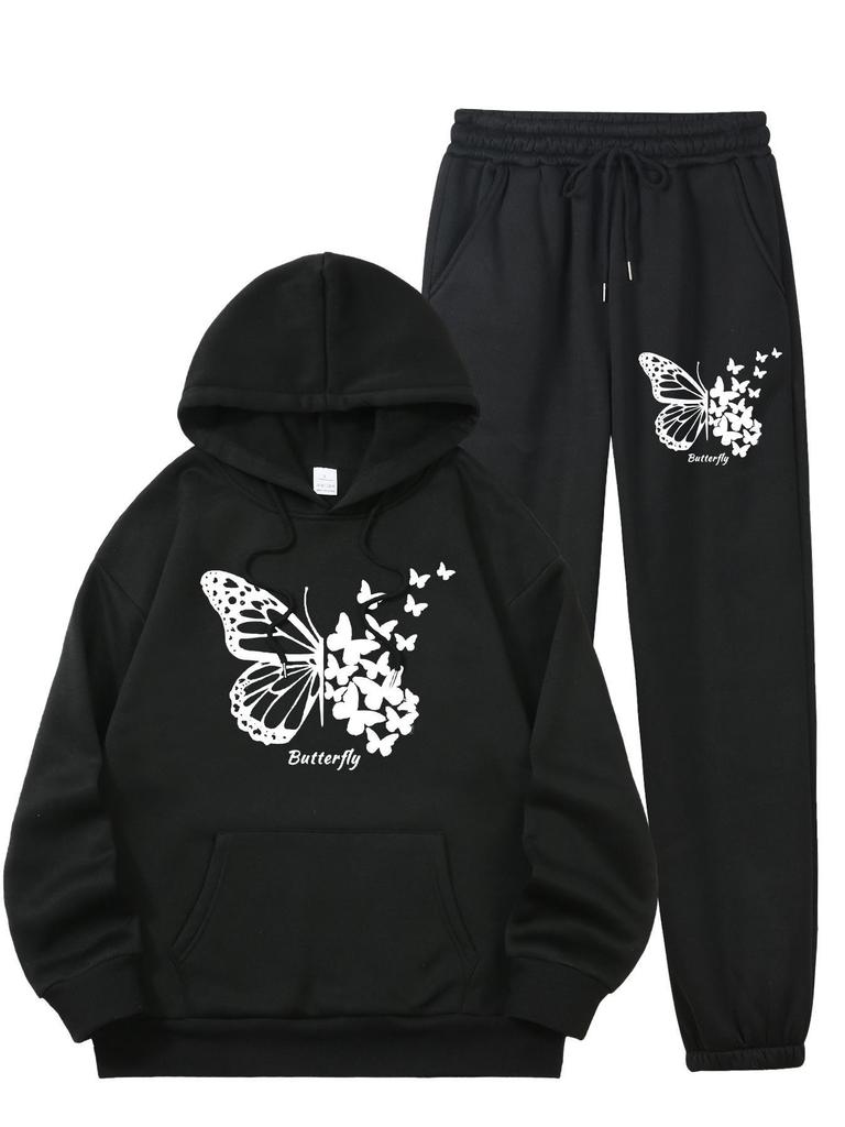 Butterfly Print Men's Hoodie Set with Adjustable Drawstring and Pockets; Includes A Matching Hoodie and Trousers.
