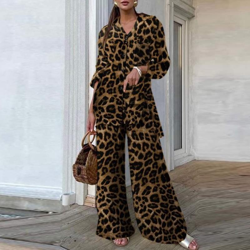 Spring Women's 2-piece Fashion Top Women's Leopard Print Wide-leg Pants Casual Loose Suit