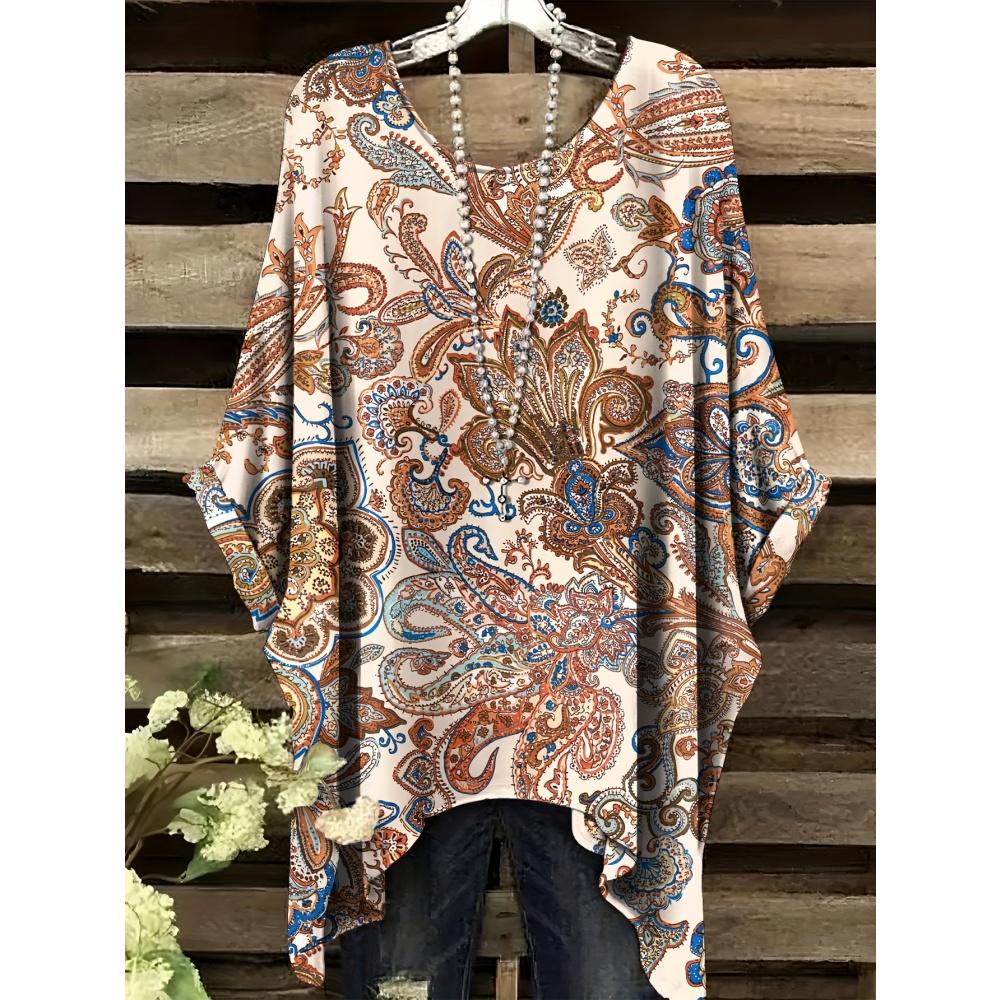 Летняя женская футболка в этническом стиле с принтом, удлиненная спереди, с круглым вырезом, повседневная, удобная, футболка в стиле Y2k, винтажная женская футболка с коротким рукавом