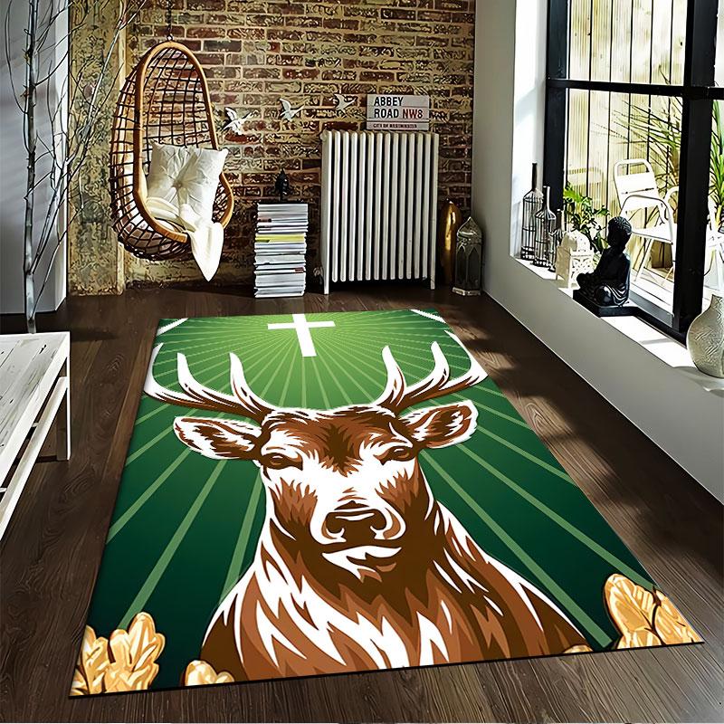 Deer with Cross & Green Rays suitable as a non-slip mat for the living room or bedroom sofa
