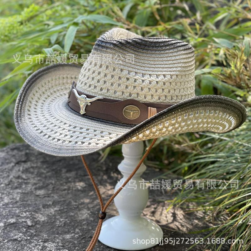 Bull Head Belt Hollow Two-color Straw Hat Men's Summer Outdoor Travel Shade Mountaineering Hat Western Cowboy Hat