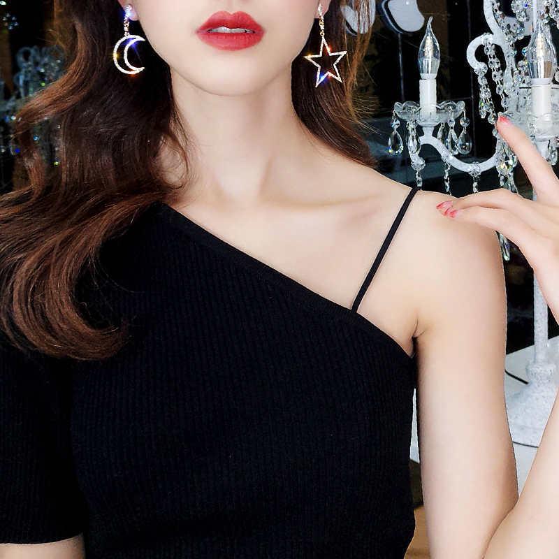 925 Silver Needle Asymmetrical Star and Moon Rhinestone Earrings