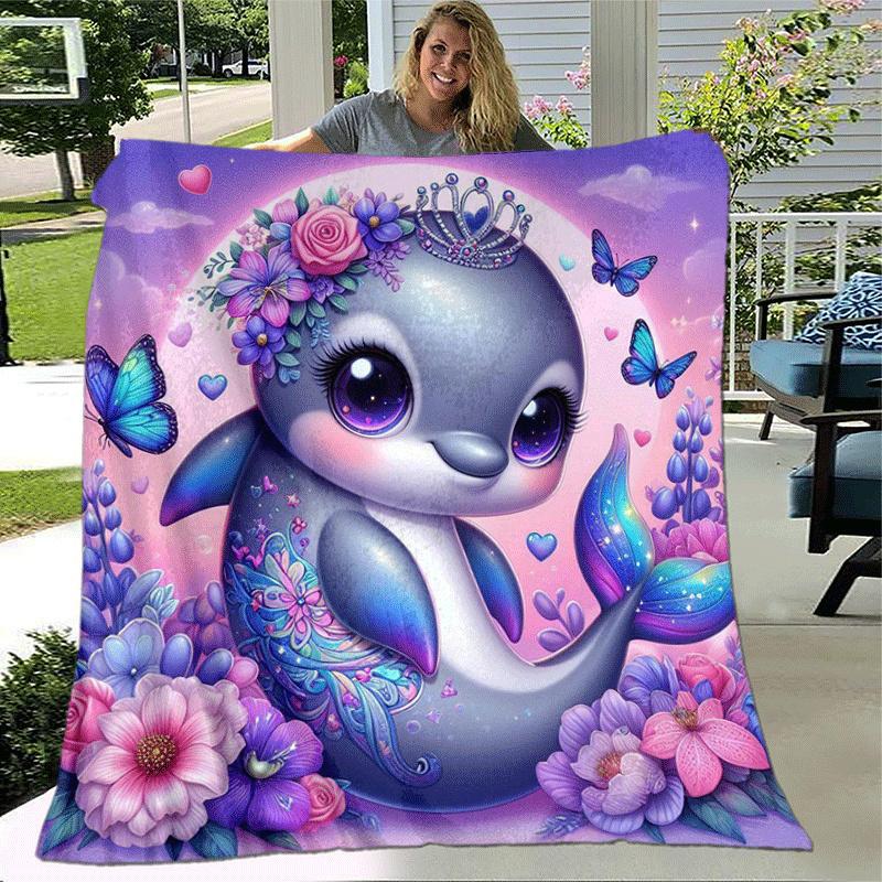 1pc Dolphin Printing Lightweight Flannel Blanket, Comfortable and Warm Blanket, for Camping Sofa Bed and Couch Office, Suitable for Gift Blan