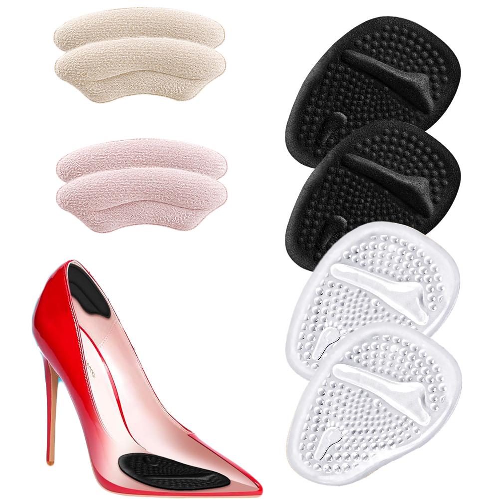 4 Pairs Arch Anti Slip Forefoot Pads and Invisible Trimable Heel Grips for Women High Heels Foot Pain Relief Shock Absorbing Insoles