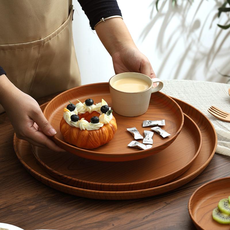 Imitation Wood Grain Tray Round Plastic Tray Dinner Tray Tea Tray Household Water Cup Storage Tray Cake Tray Fruit Tray