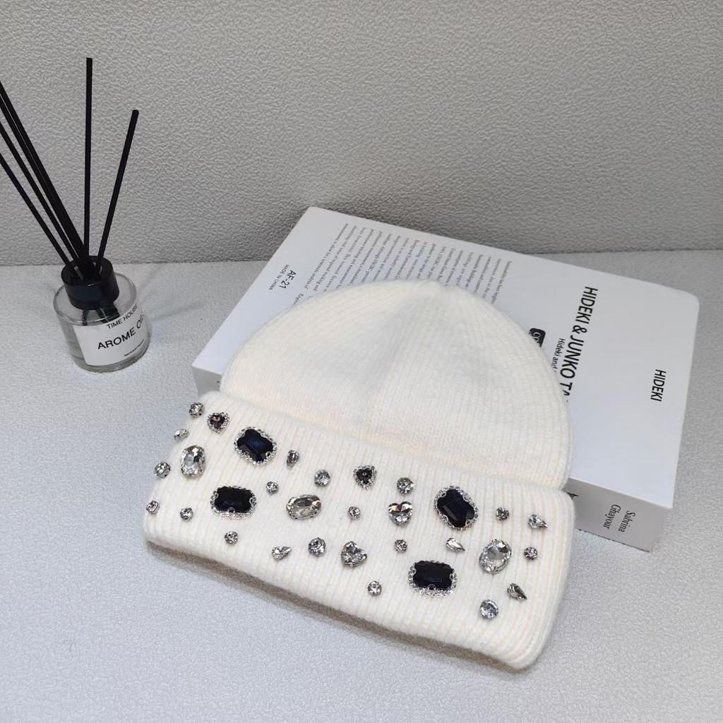 Шерстяная шапка с горным хрусталем в виде кролика для женщин на осень и зиму, белая вязаная шапка для маленького лица, шерстяная шапка для Северо-Востока, теплая шапка