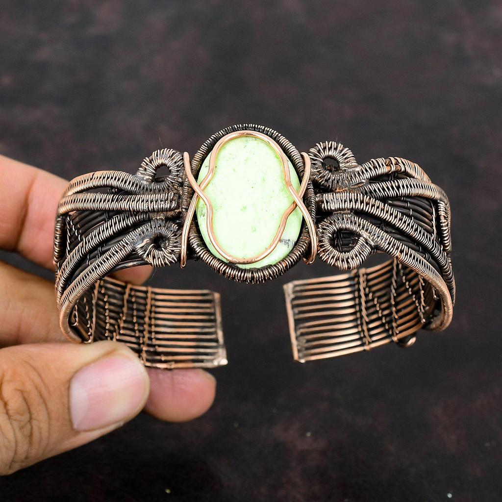 Браслет-манжета с лимонным хризопразом, медная проволока, регулируемый браслет, ювелирные изделия ручной работы, браслет с драгоценными камнями, медный браслет-манжета, подарок для нее