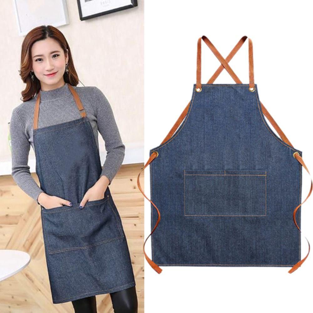 Dirt-resistant Kitchen Chef Apron with Pocket Painting Apron Durable Cross Back Denim Apron  Cafe