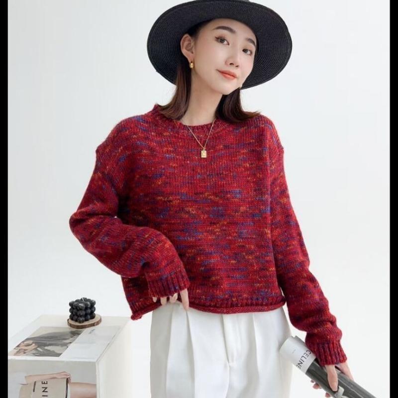 Женский пуловер, осень-зима 2023, повседневный пуловер из трикотажа с круглым вырезом, свободная нижняя часть, свитер, женский топ