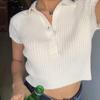Y2K European and American Spring/Summer New Sexy Knitted Ribbed Polo Neck with Naked Navel Solid Short Sleeved Top for Women