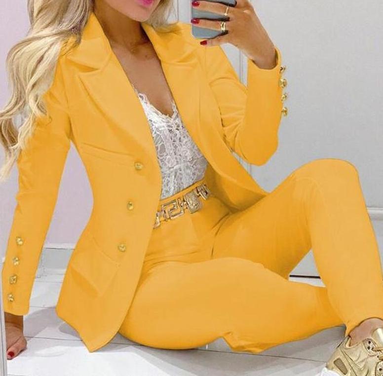 Женский деловой костюм из 2 шт./компл., однобортный однобортный брючный костюм с отложным воротником и высокой талией для работы