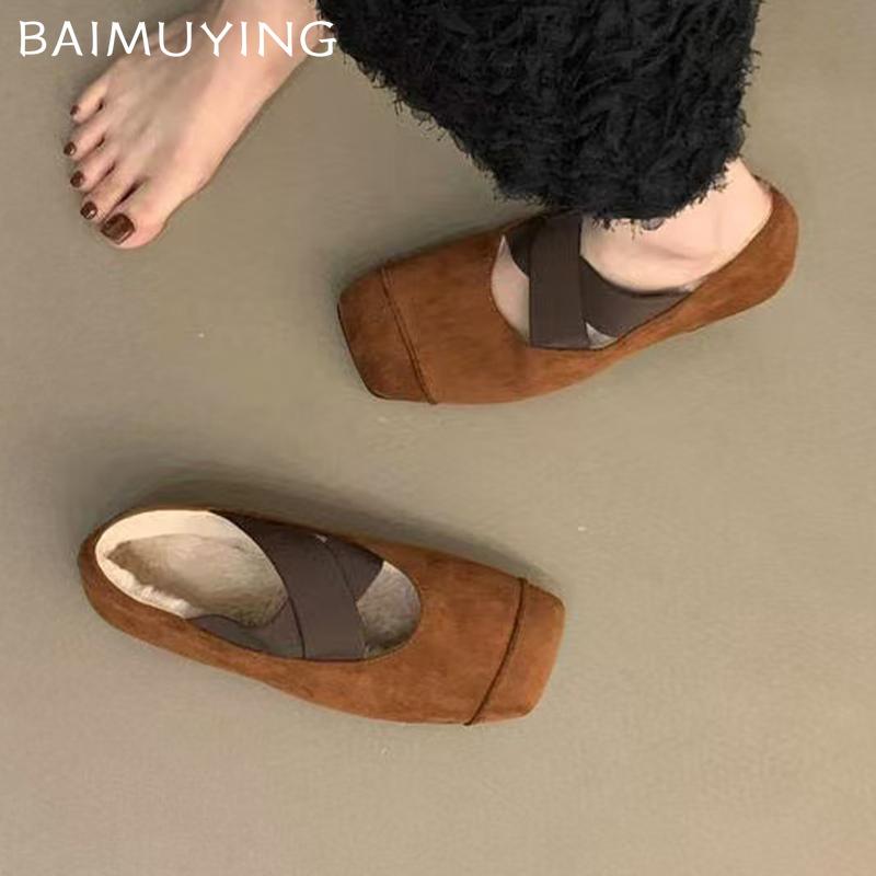 Замшевые туфли для танцев с квадратным носком, короткие плюшевые туфли на плоской подошве, повседневные хлопковые туфли 2025 года, трендовые мягкие зимние туфли для женщин Zapatillas