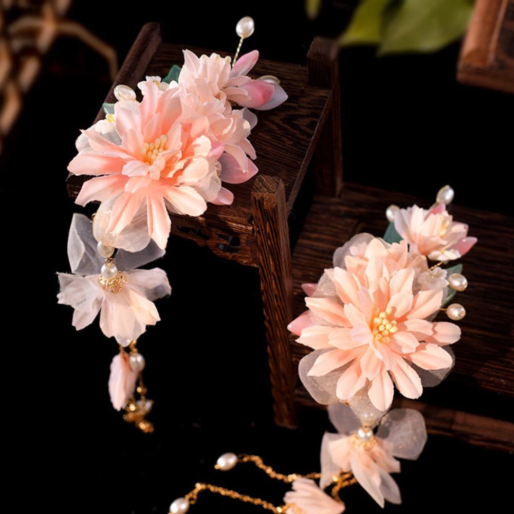 Tassel Floral Hair Stick Pearl Flower Hair Comb Elegant Tang Dynasty Hairpin Jewelry
