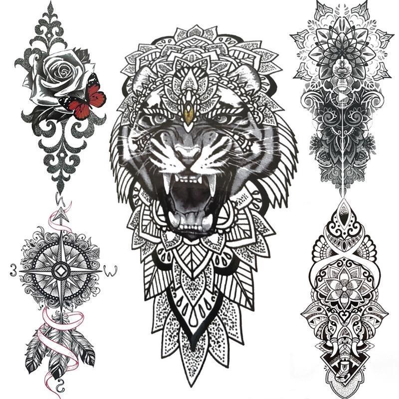 1 PC 210*114MM Cat Geometry Black Temporary Tattoos For Men Women Black Forest Skull Tiger Wolf Tattoo Sticker Evil Devil Arm Tattoo