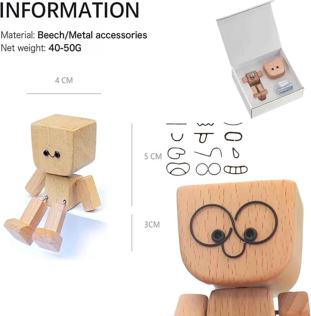 Sets Shaking Feet Woodens Doll with 12Pcs Magnetic Expressions, Handmade Shaking Wooden Man Car Dashboard Decoration