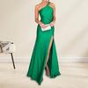 Women Evening Dress Slant Neck Off Shoulder Split Hem Skinny Backless Sleeveless