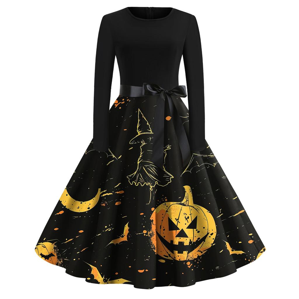 Платье-клеш с принтом на Хэллоуин для женщин с длинным рукавом, повседневные платья с круглым вырезом и ажурной отделкой