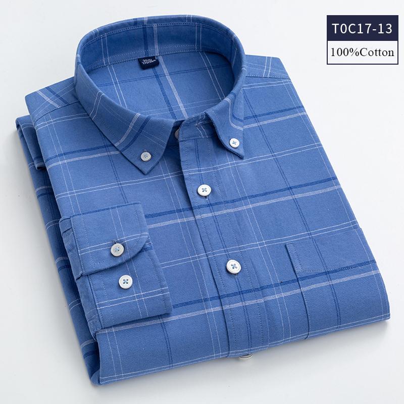New Cotton Oxford Plaid Shirts Men Casual Spring Autumn Checked Long Sleeve Shirt For Man Iron Free
