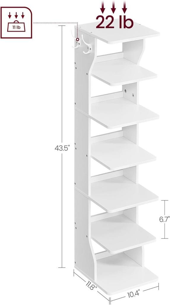 Shoe Rack, Shoe Organizer, Narrow Shoe Rack with Hooks, Slim Wooden Shoe Rack, Solid and Durable, Space Saving