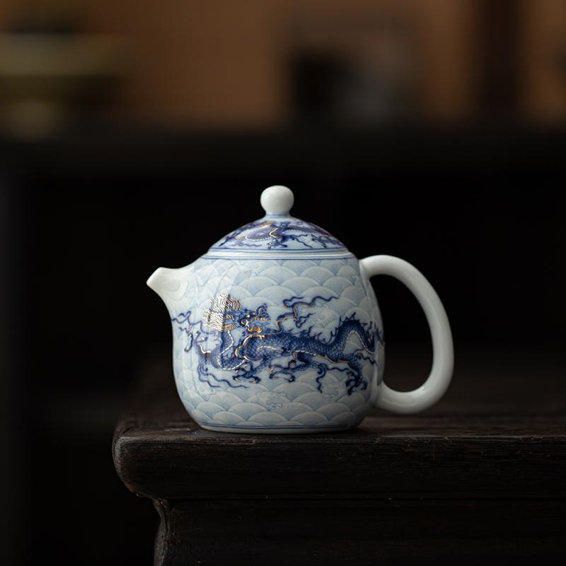Чайник с синим и белым драконом, инкрустированный металлом, одинарный, керамический, фарфоровый, китайский, с драконом кунг-фу, для приготовления чая пуэр