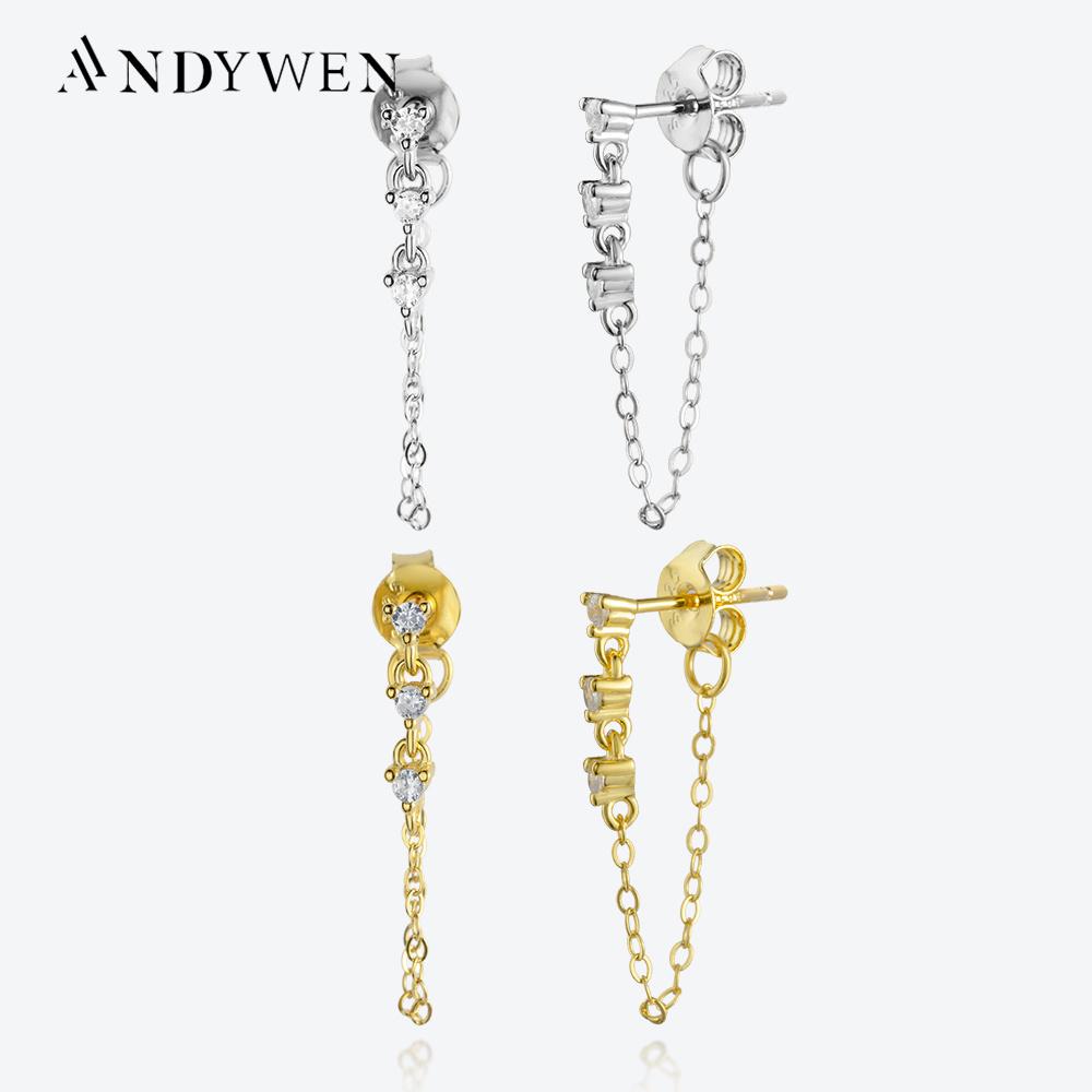 ANDYWEN Серьги-гвоздики из стерлингового серебра 925 пробы, золото, циркон с фианитом, цепочка для пирсинга, роскошные ювелирные изделия 2023, свадебные ювелирные украшения