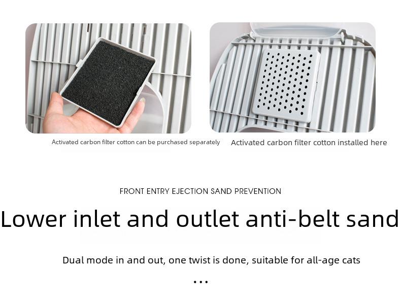 Очень большой, полностью закрытый, легкоочищаемый кошачий туалет с дезодорирующими и съемными функциями, в комплект входит совок для мусора