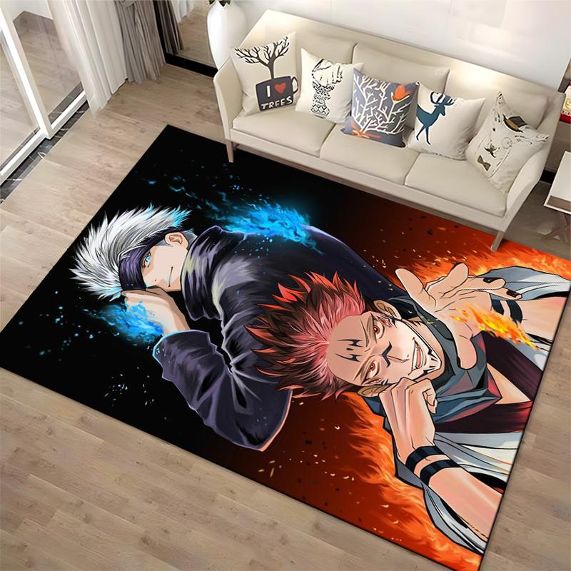 Anime-Inspired Carpet with Two Characters and Fiery Background Design Suitable for use as an anti-slip for living room bedroom sofas