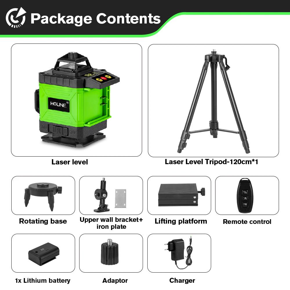 HGLINE 4D 16-линейный лазерный уровень с зеленым светом, лазерный луч, приложение для лазерного уровня, дистанционное управление, горизонтальные и вертикальные уровни, инструменты