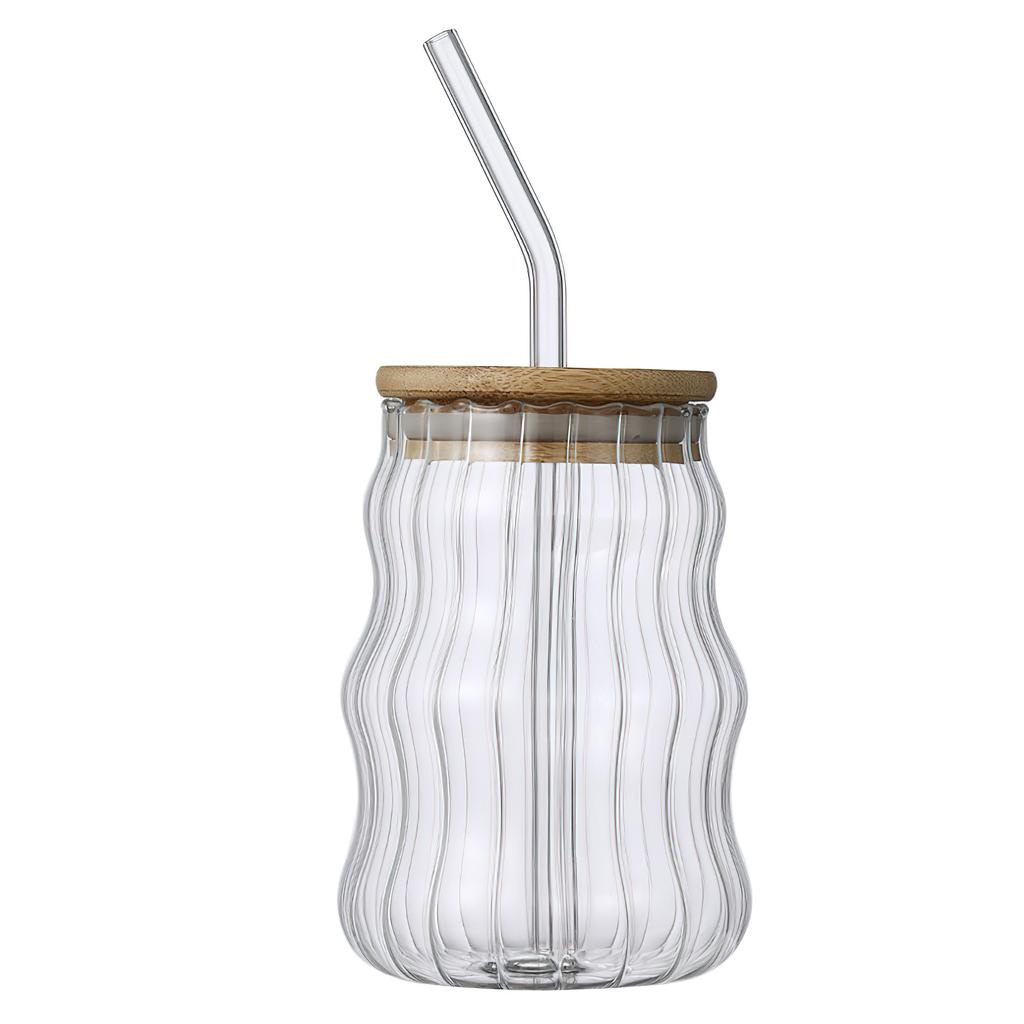 500ml Glass Tumblers Cups With Straw Mason Jar Clear Juice Coffee Milk Cup With Bamboo Lids Drinkware Stripe Beer Mug