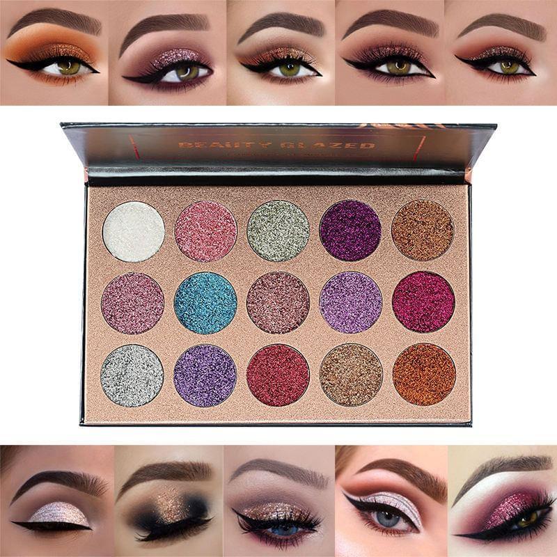 BEAUTY GLAZED - Палетка теней для век из 15 прессованных глиттерных оттенков
