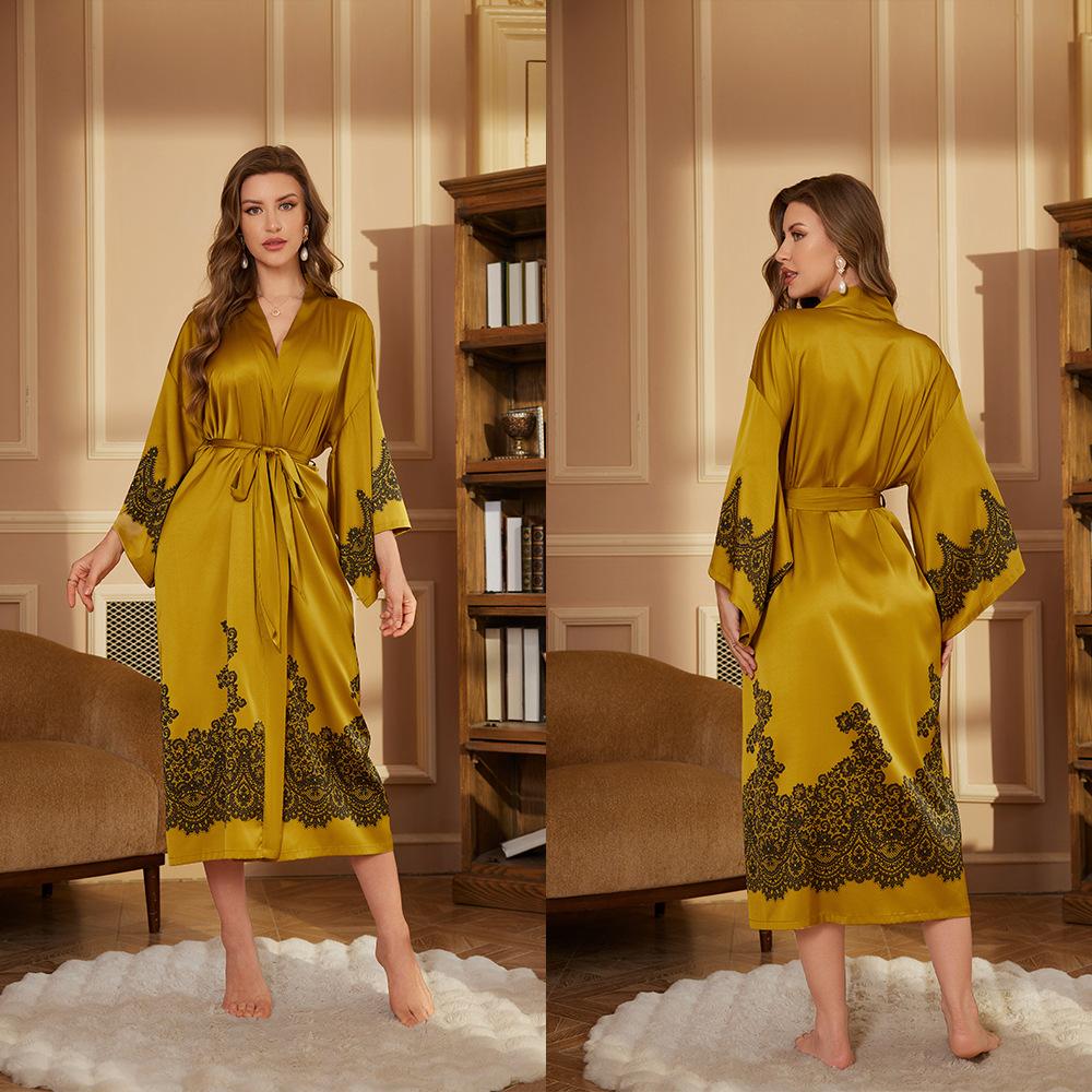 Принт Сатин Женский Длинный Халат Ретро Ночная Сорочка Рукав Три Четверти Кимоно Банный Халат Свободная Домашняя Одежда