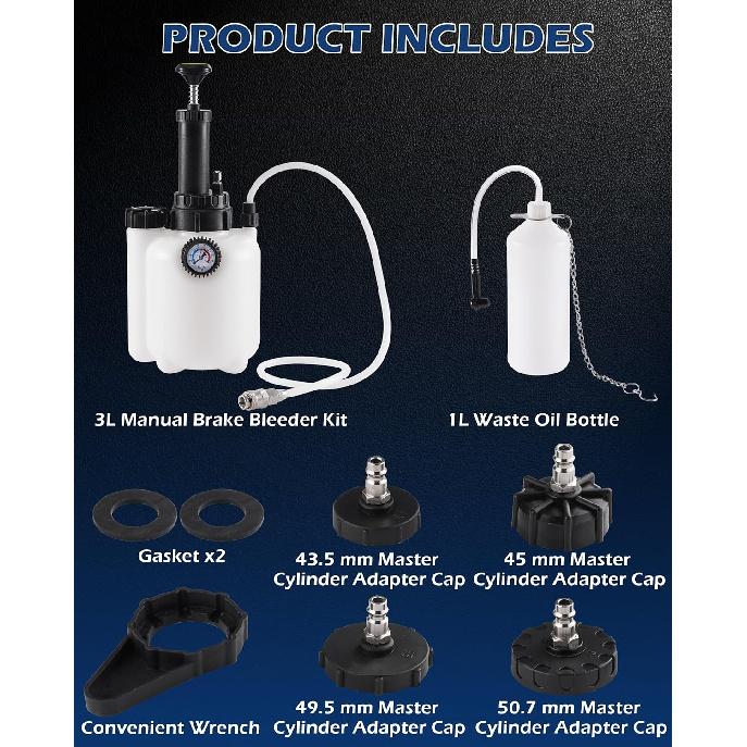 Набор для прокачки тормозов 3 л с бутылкой для сбора 1 л, Инструмент для прокачки тормозов под давлением, Ручной насос для прокачки тормозов для полной замены тормозной жидкости и жидкости сцепления, Улучшенный