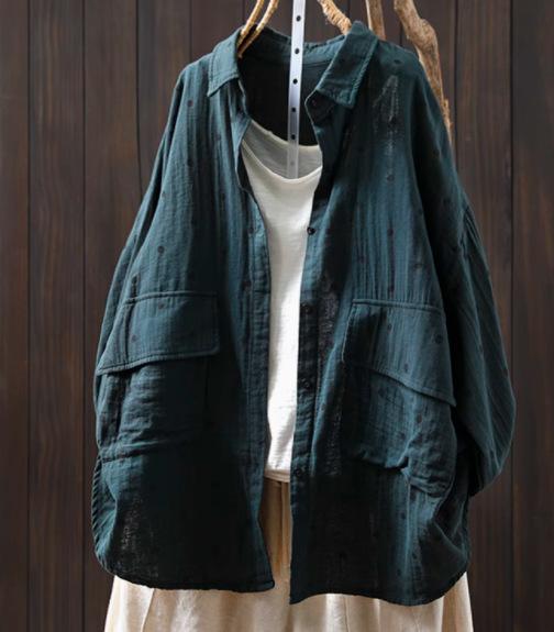 Johnature Женские рубашки в горошек, топы, блузки с отложным воротником, весенние пуговицы, длинные рукава, карманы, женские рубашки