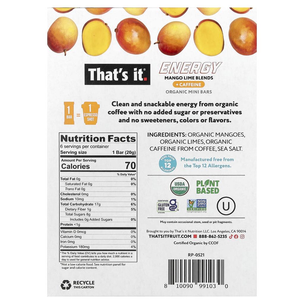 That's It, Energy, Organic Mini Bars, Mango Lime Blend, 6 Mini Bars, 0.7 oz (20 g) Each