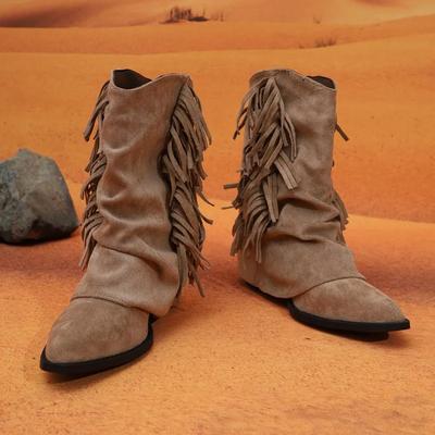 Модные женские ботильоны с острым носком и кисточками, 2025, новые осенне-зимние, универсальные, ботинки-чулки, винтажные замшевые ботильоны