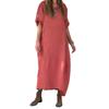 Women Summer Cotton Linen Maxi Dress Casual Loose Short Sleeve Round Neck Dresses with Slit Irregular Hem