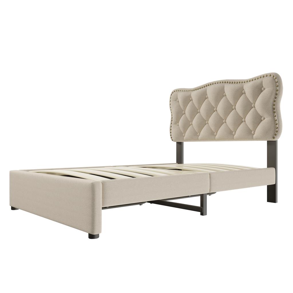 90*200 cm Flat Bed, Upholstered Bed, Nightstand Upholstery with Decorative Studs, Double Drawers, Dark Beige