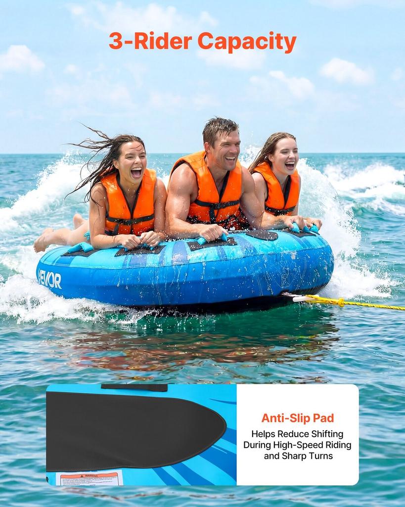 Towable Tubes for Boating, 3-Rider Inflatable Boat Tubes and Towables, 231kg Capacity Water Sport Tube for Boat to Pull - with Anti-Slip Pad, Full