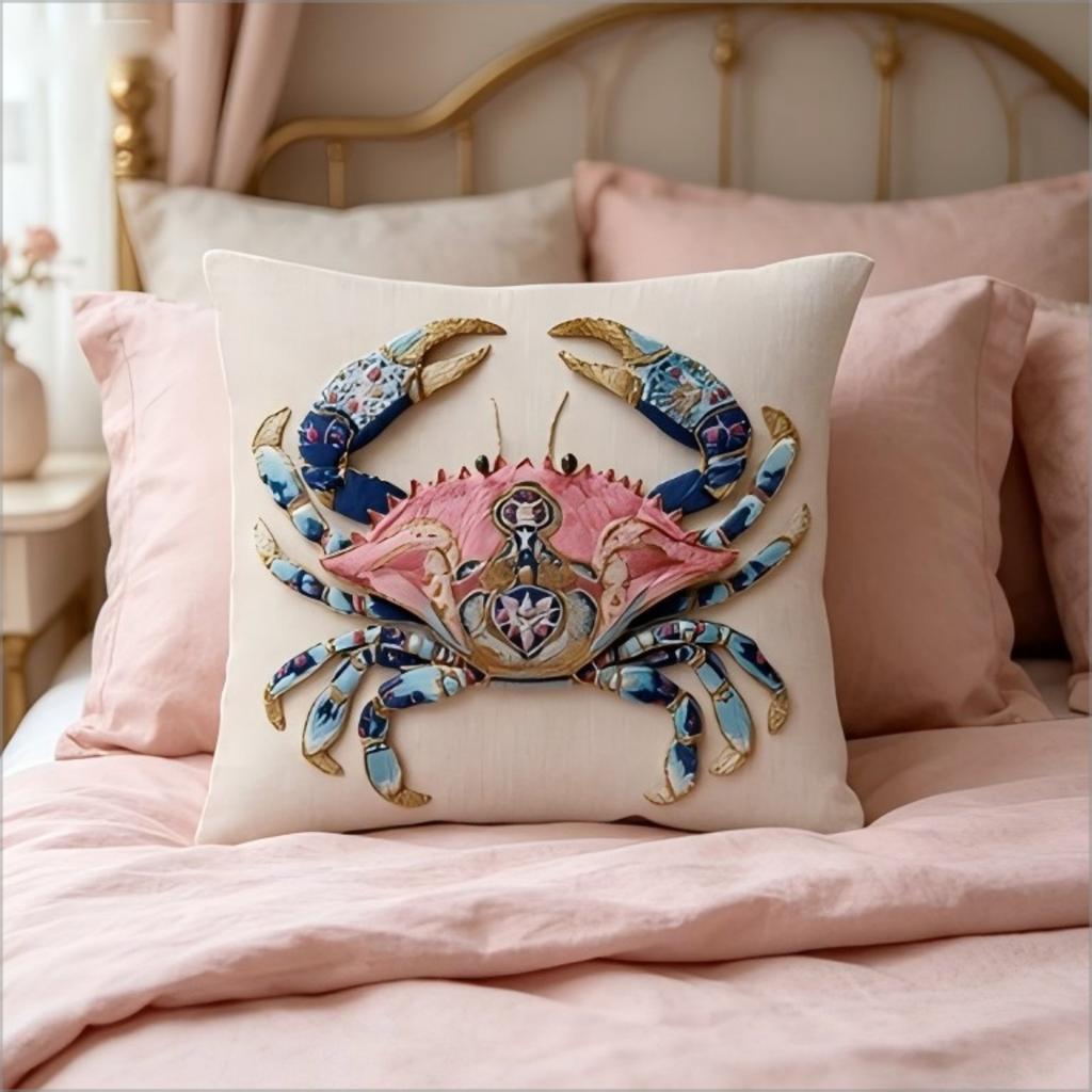 Ornate Crab Throw Pillow Cover 2D Embroidery Effect Coastal Print Decorative Cushion Cover For Nautical Beach Home Decor