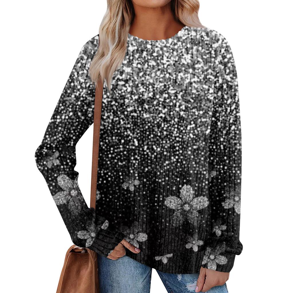 Women's Winter Color-Block Printed Lightweight Brushed-Cotton Round Neck Top