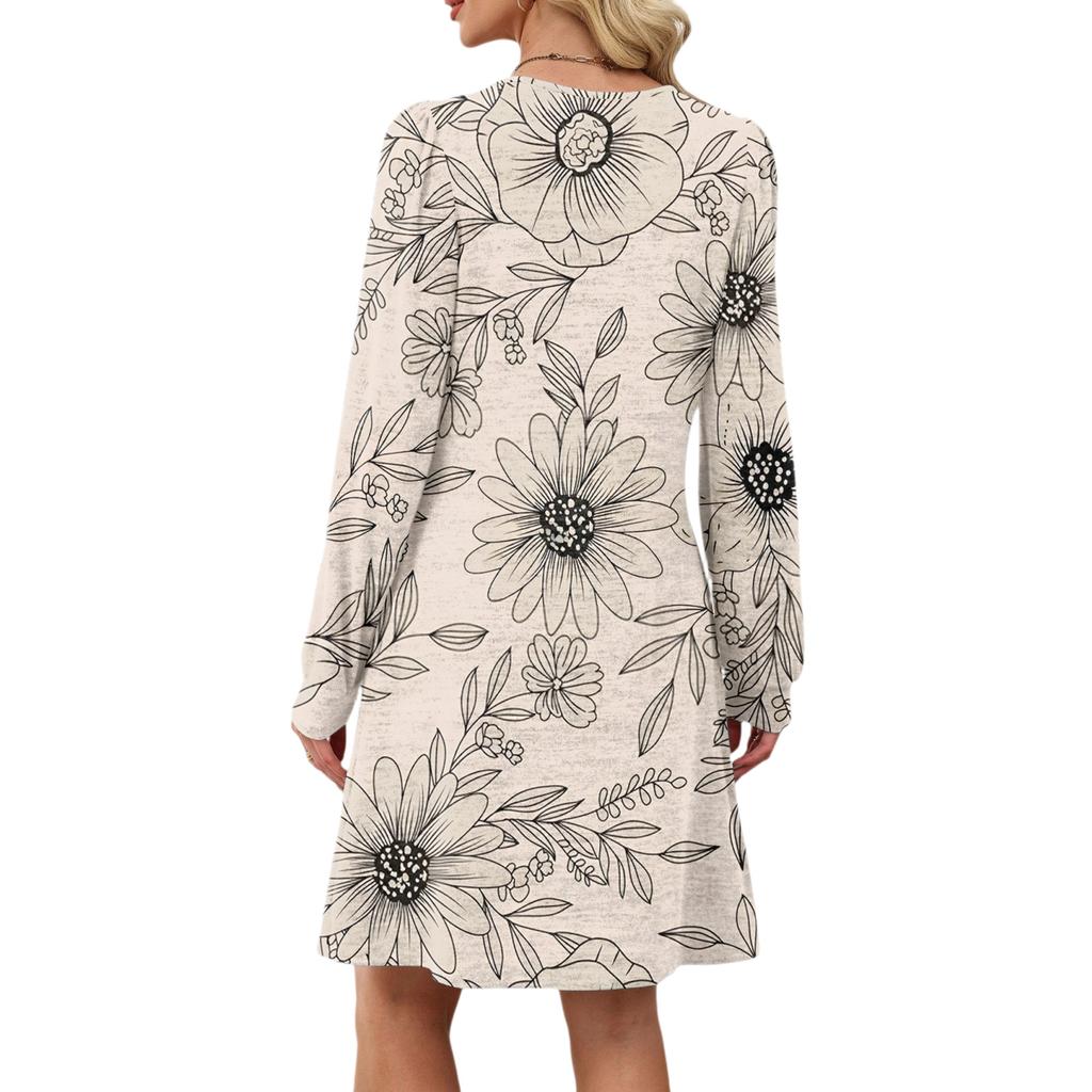 Женское повседневное платье с длинным рукавом, плиссировкой, круглым вырезом, цветочным принтом и карманами