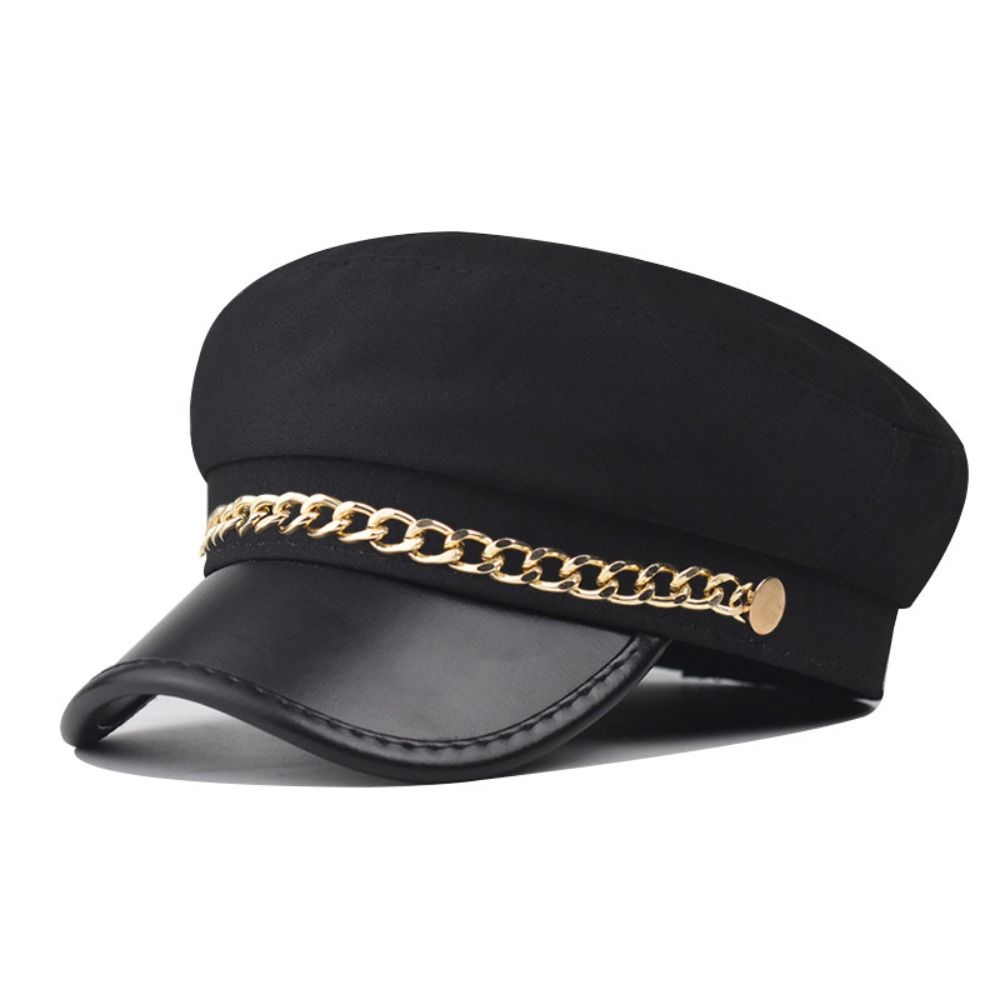 Short Brim Beret Hat PU Leather Peaked Cap Retro Flat Top Cap  For Women