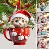 Christmas Pendant 2D Acrylic Cat Sitting Mug Charm Hanging Decor with Lanyard Holiday Party Decoration
