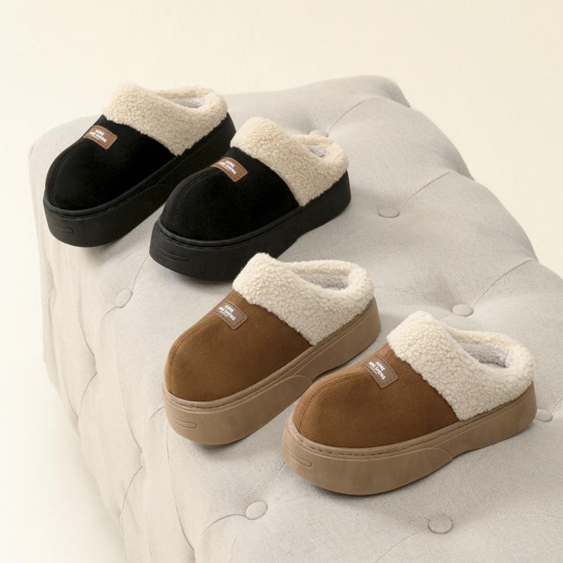 Home Slippers, Autumn and Winter Confinement Shoes, Indoor Thick Soled Height Increase with Plush Insulation, Anti Slip Cotton Slippers