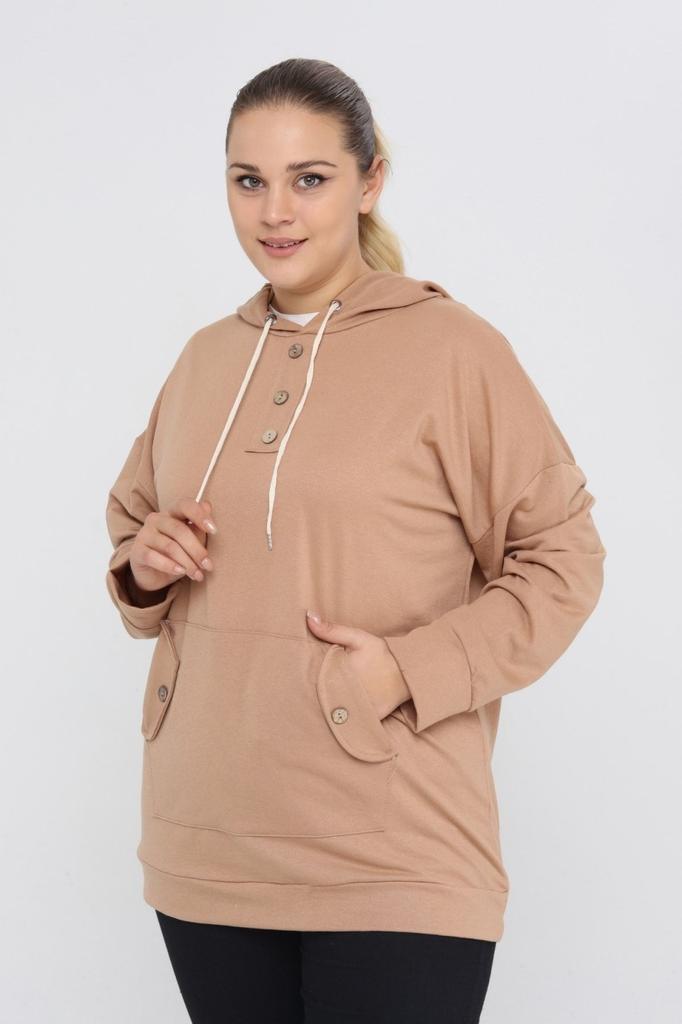 Women's Style Big Size Sweatshirt Large Size Hooded Kangaroo Pocket Lycra Button Detailed Long Hoodie Sweatshirt Green