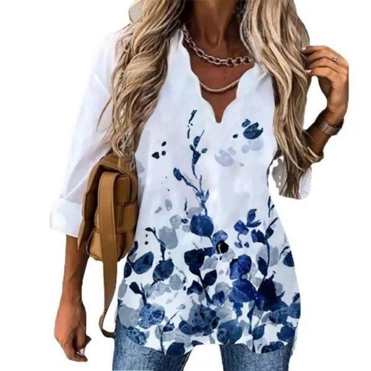 European American Women Summer Long Sleeve Printed Shirt with Wave Collar