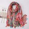 Red Ethnic Floral Travel Sunscreen Silk Shawl Scarf for Women